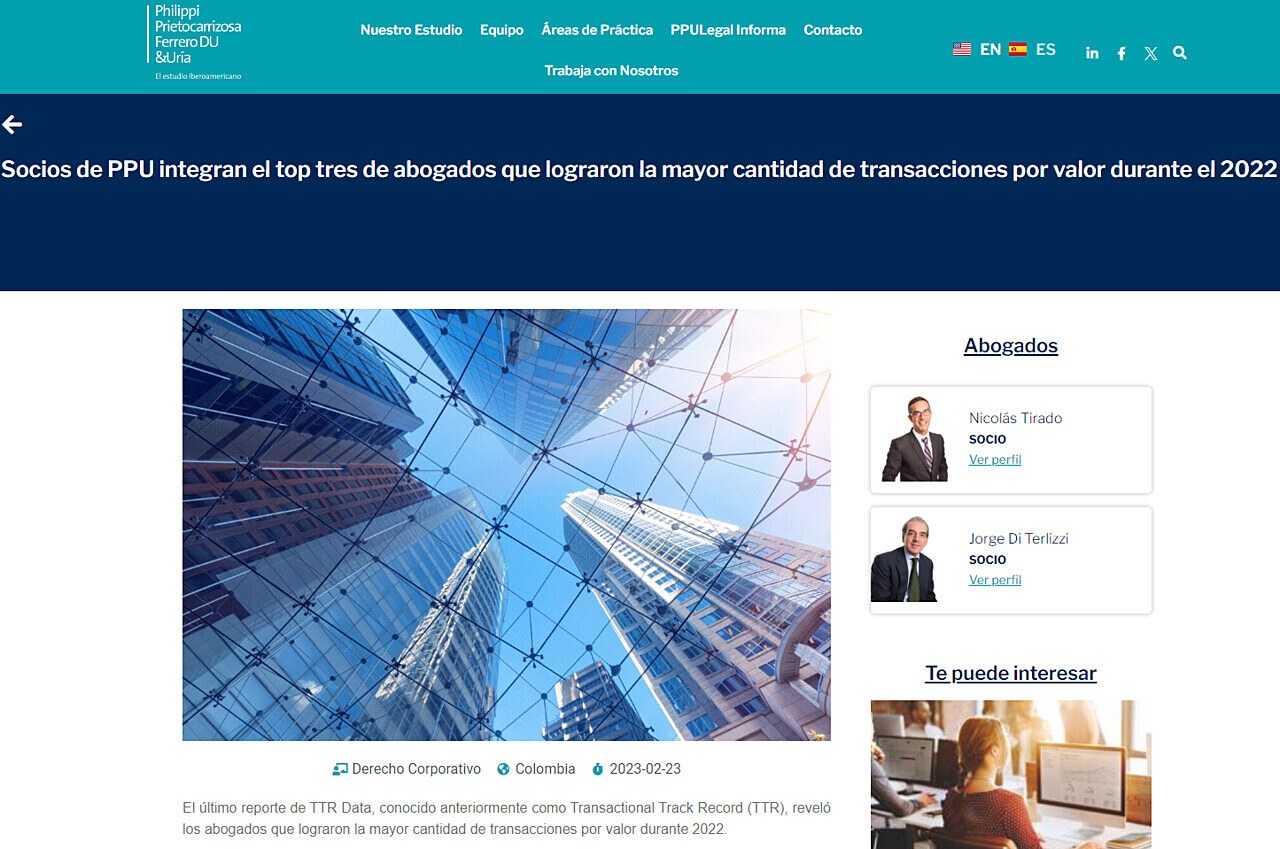 Socios de PPU integran el top tres de abogados que lograron la mayor cantidad de transacciones por valor durante el 2022